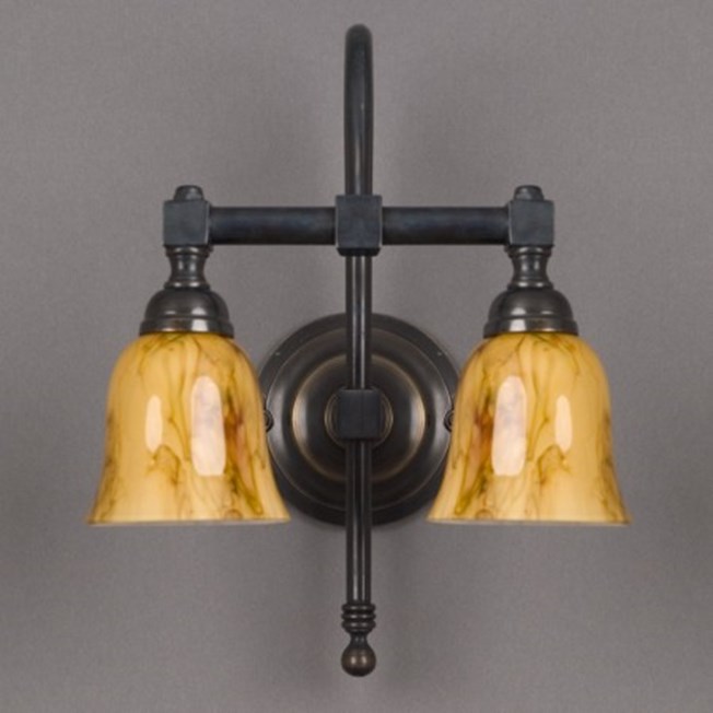 Badkamer wandlamp Bell 2-lichts in brons met gemarmerde, open glaskap