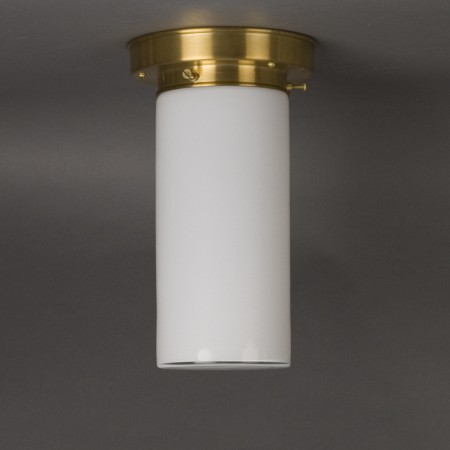 Plafonniere Cilinder Middel Hoog in opaal glas met strak messing armatuur