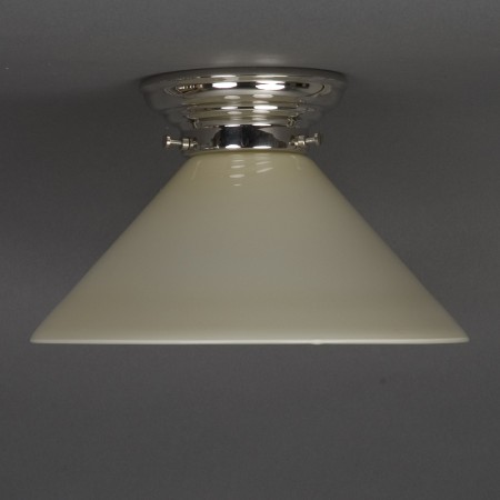 Plafonniere Cono in zacht geel / cebe / ivoor glas met afgerond glanzend nikkel armatuur